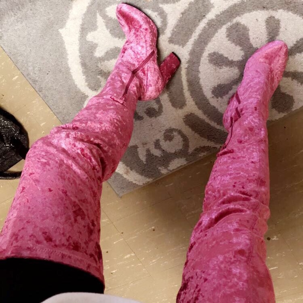 Thigh High Pink Velvet Boots